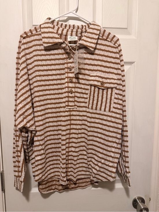 new in Tops - Women’s Striped Long-Sleeve Shirt - Brown & White